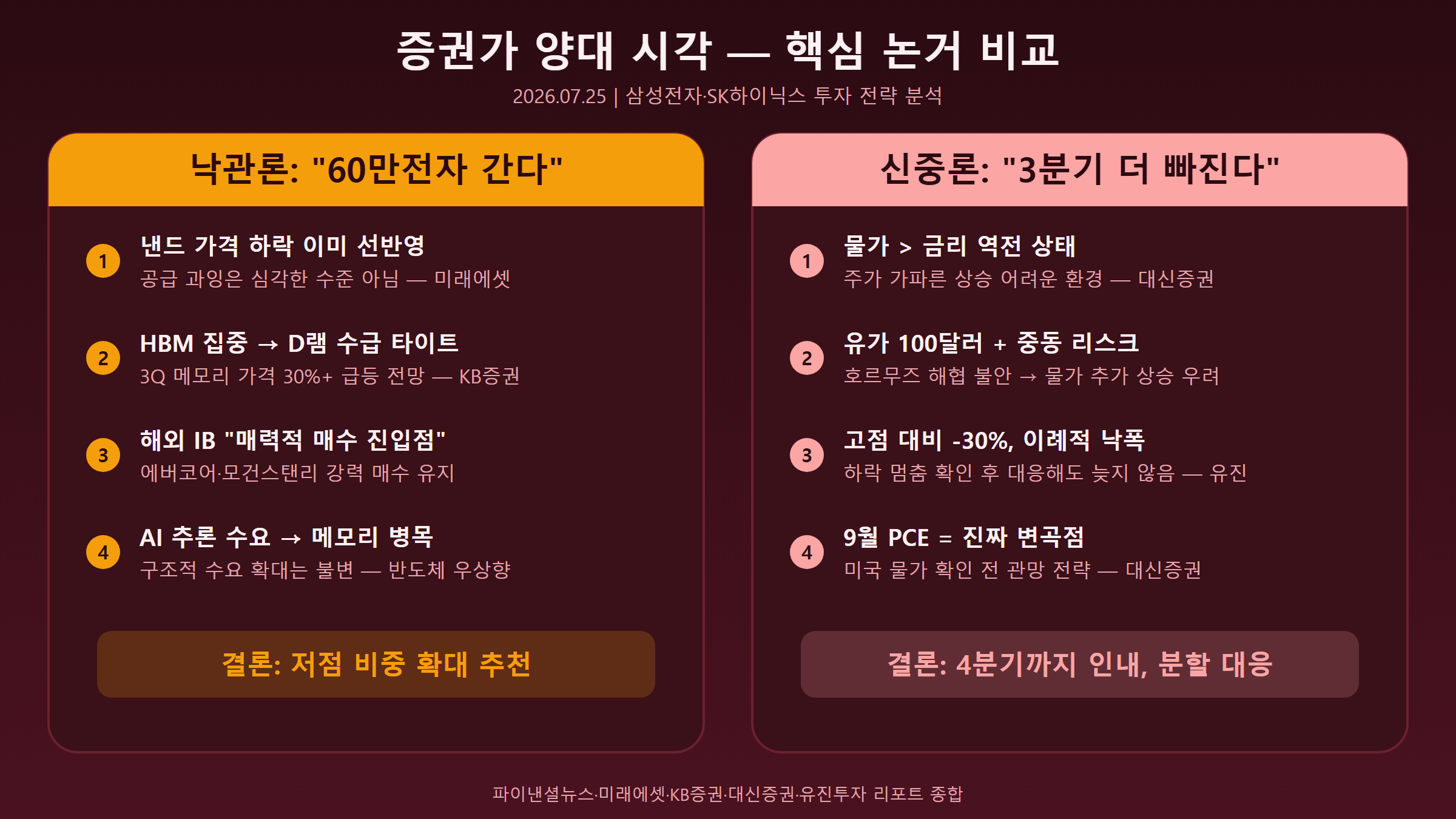 낙관론 vs 신중론 비교 카드 인포그래픽