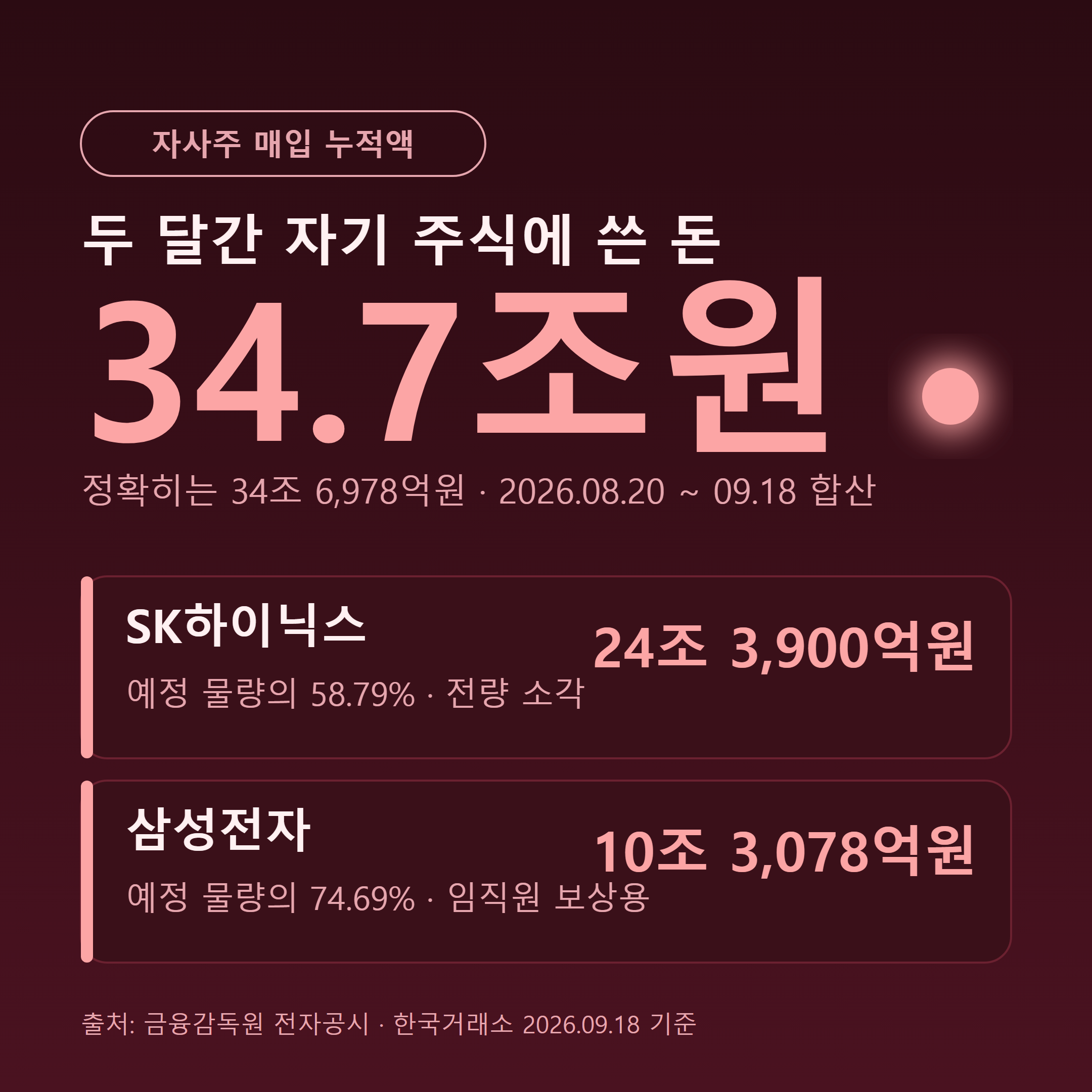 삼성전자 10조 3,078억원, SK하이닉스 24조 3,900억원 자사주 매입 누적 금액 비교