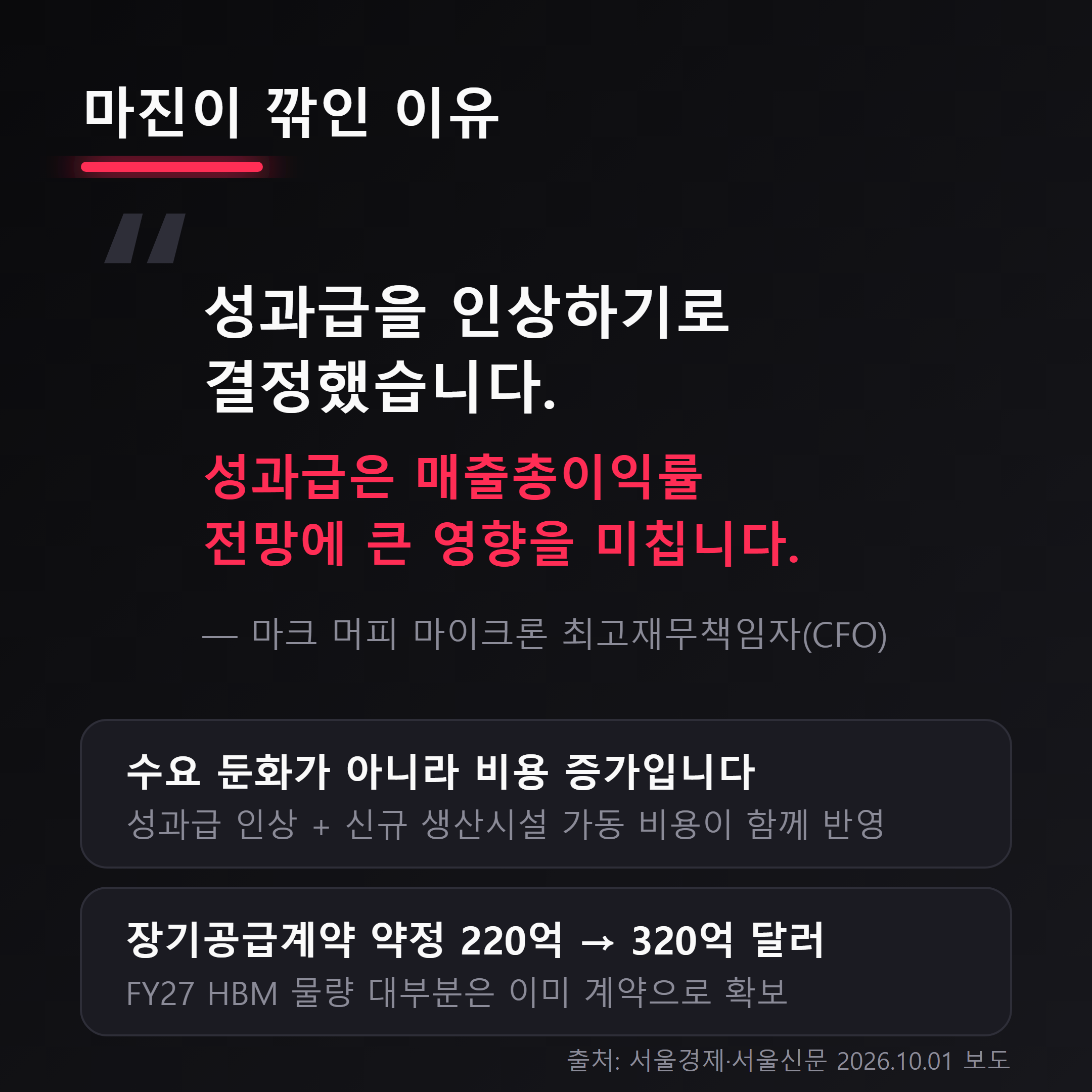 마이크론 CFO 마크 머피 발언 인용 - 성과급을 인상하기로 결정했으며 성과급은 매출총이익률 전망에 큰 영향을 미치는 요인